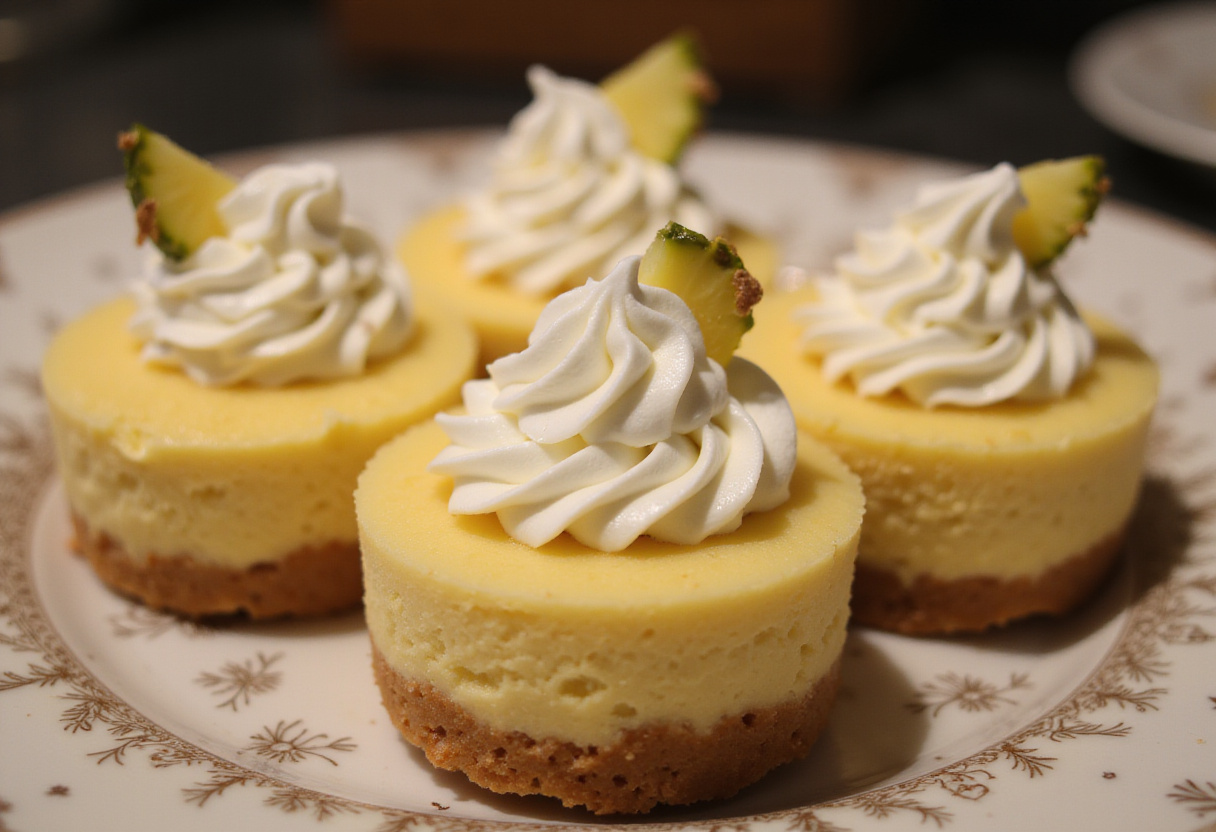 Mini cheesecakes de piña y leche de coco condensada, un postre delicioso y atractivo.
