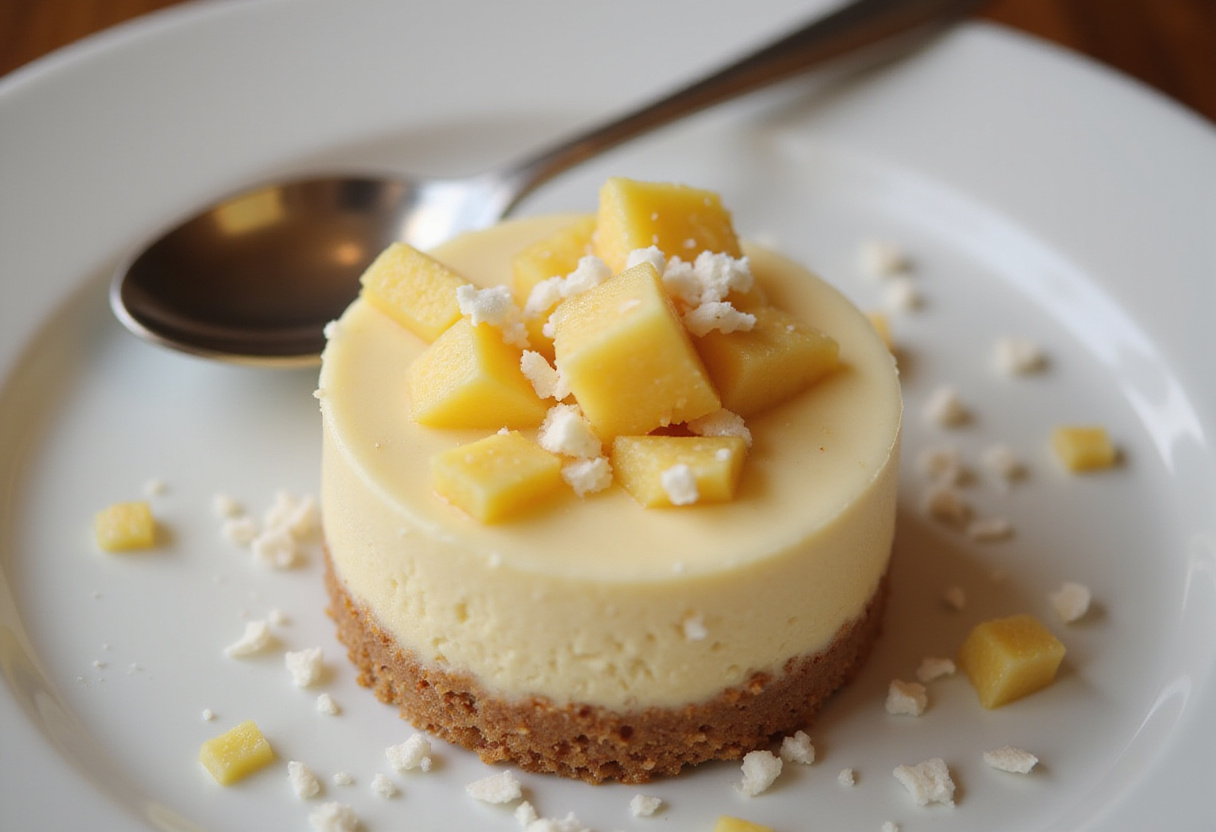 Añadiendo piña y coco a las mini cheesecakes de piña antes de hornear.