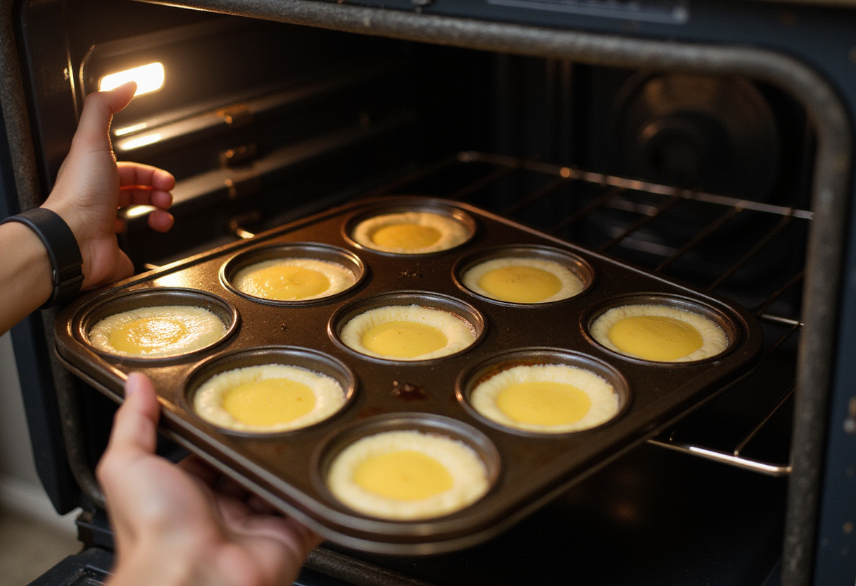 Mini cheesecakes de piña listos para hornear en el horno.