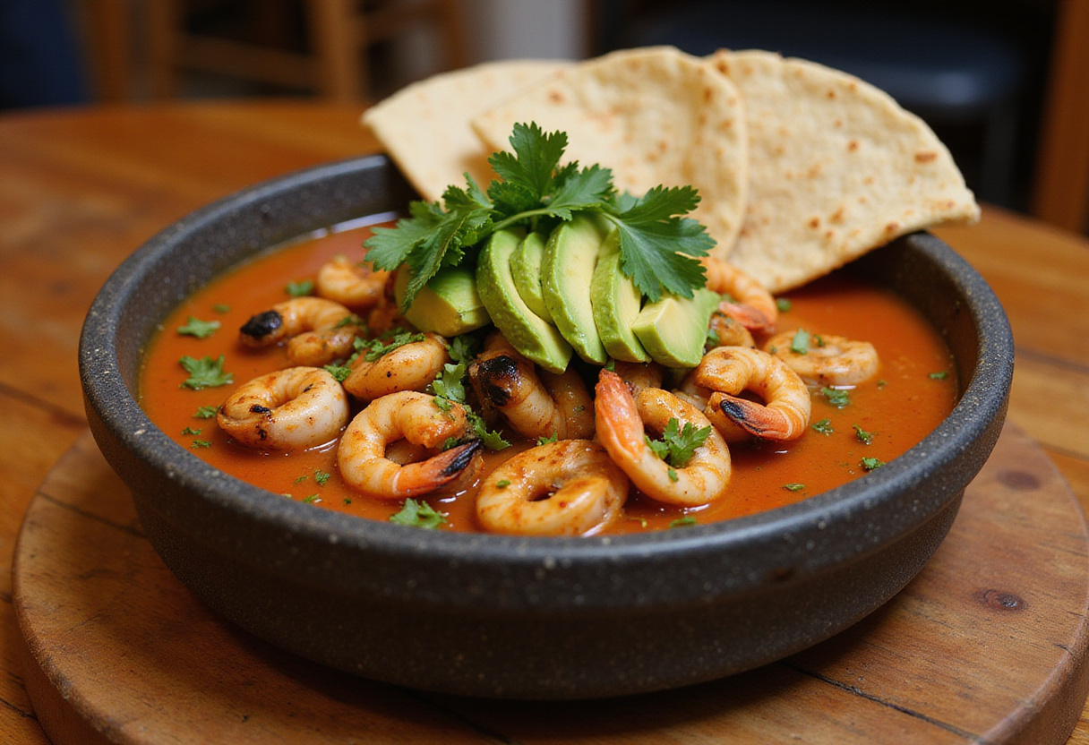 Molcajete de mariscos fácil terminado, decorado con aguacate y cilantro, ideal para disfrutar en una celebración.