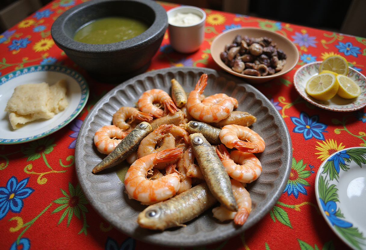 Ingredientes frescos para la receta de molcajete de mariscos, listos para preparar un delicioso platillo.