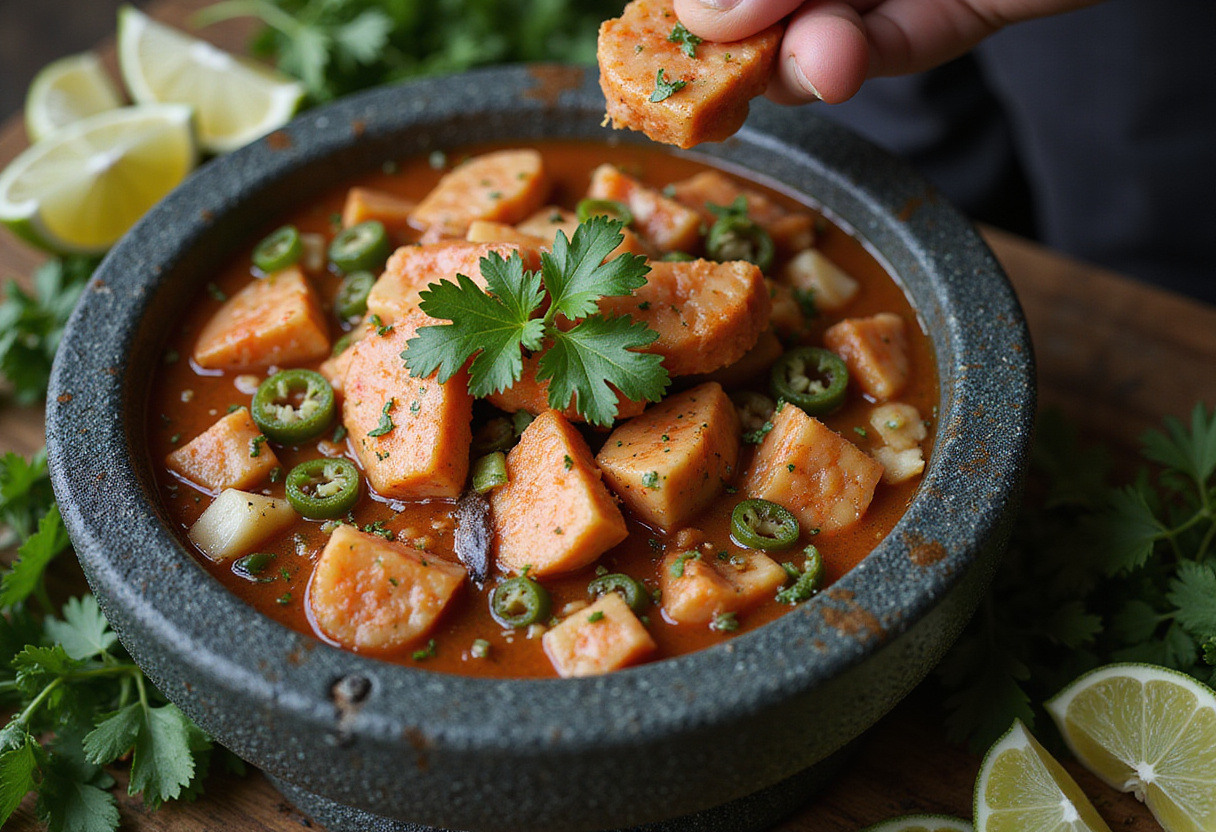 Mariscos preparados en un molcajete fácil, listos para ser cocinados en la receta de mariscos al molcajete.