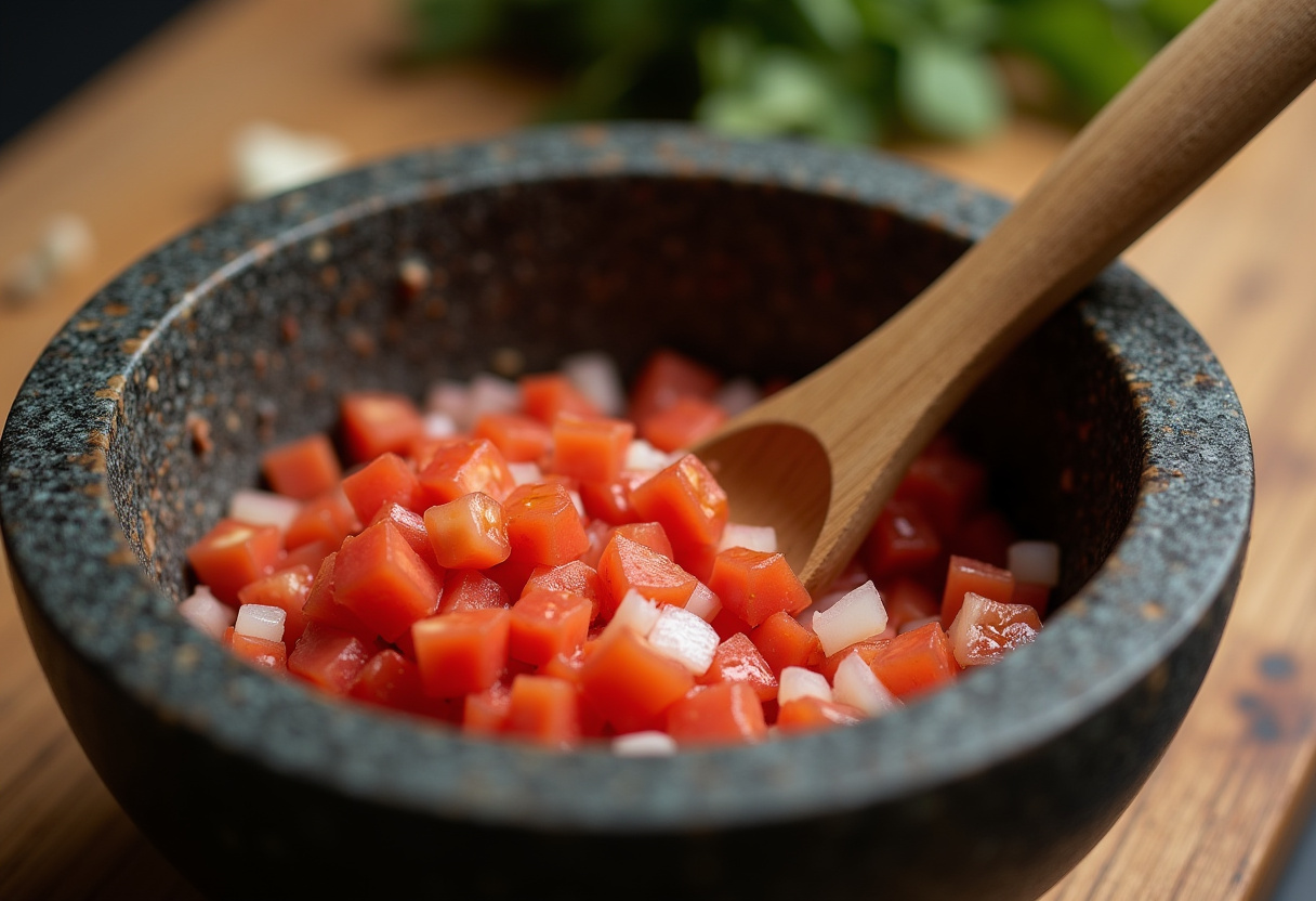 Mezcla de tomate y cebolla en el molcajete, esencial para la receta de molcajete mexicano.