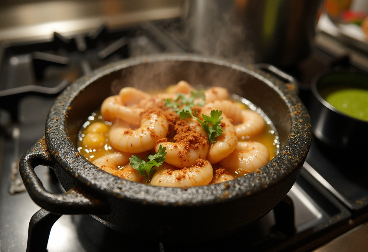 Molcajete de mariscos cocinándose en la estufa, preparándose una deliciosa receta de mariscos.