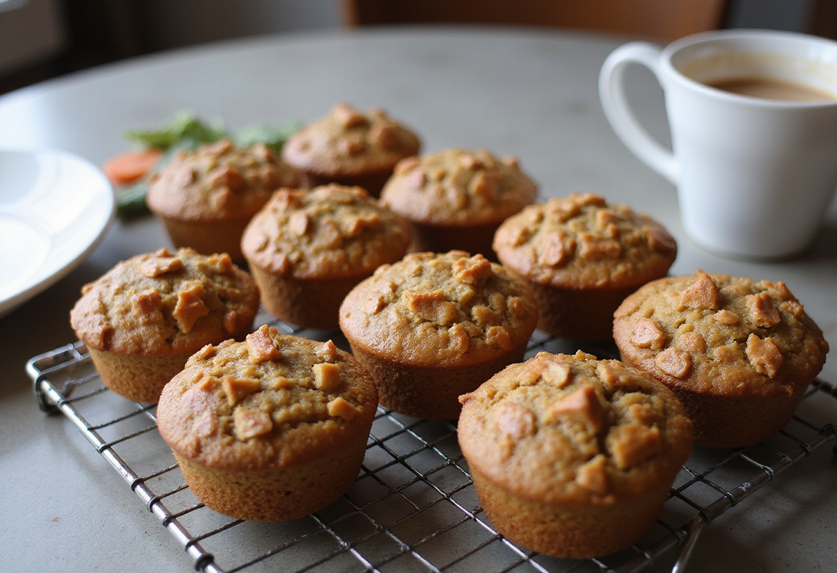 Muffins de avena y zanahoria recién horneados, perfectos para un desayuno saludable.