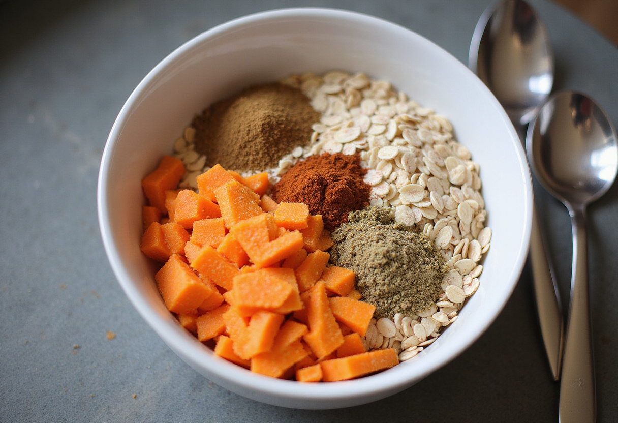 Ingredientes para muffins de avena y zanahoria, incluyendo avena, zanahorias y especias.