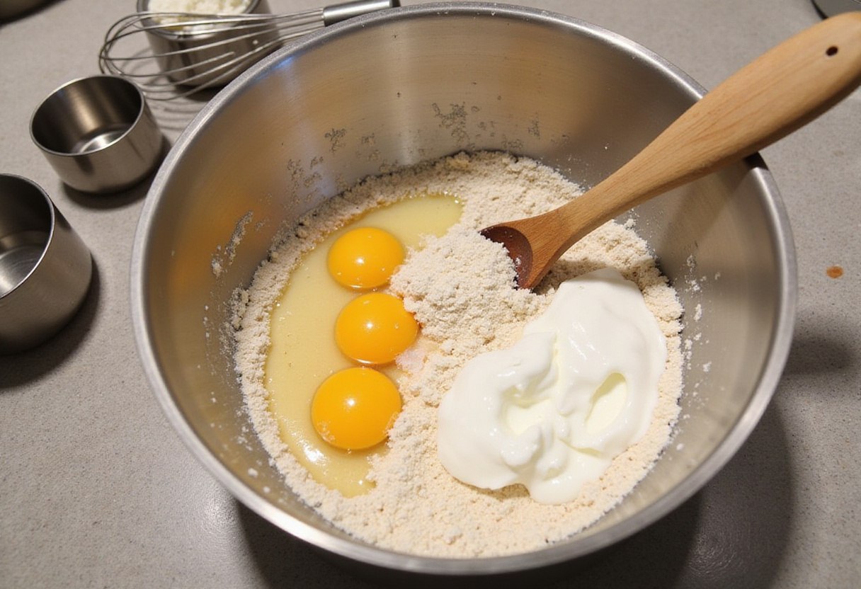 Mezcla de ingredientes secos y húmedos para preparar muffins de avena y zanahoria.