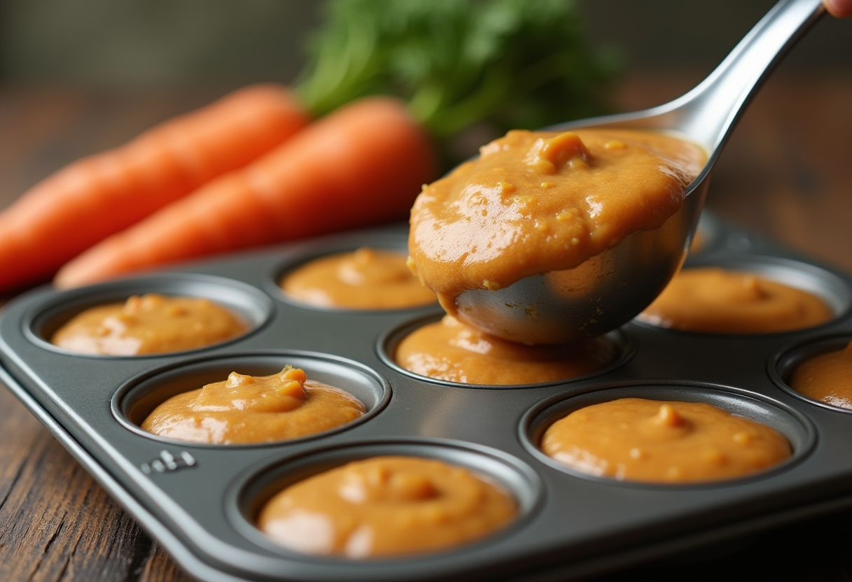 Masa de muffins de avena y zanahoria siendo colocada en un molde para muffins.