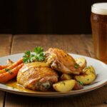 Muslos de pollo a la cerveza bien presentados, perfectos para una comida deliciosa.