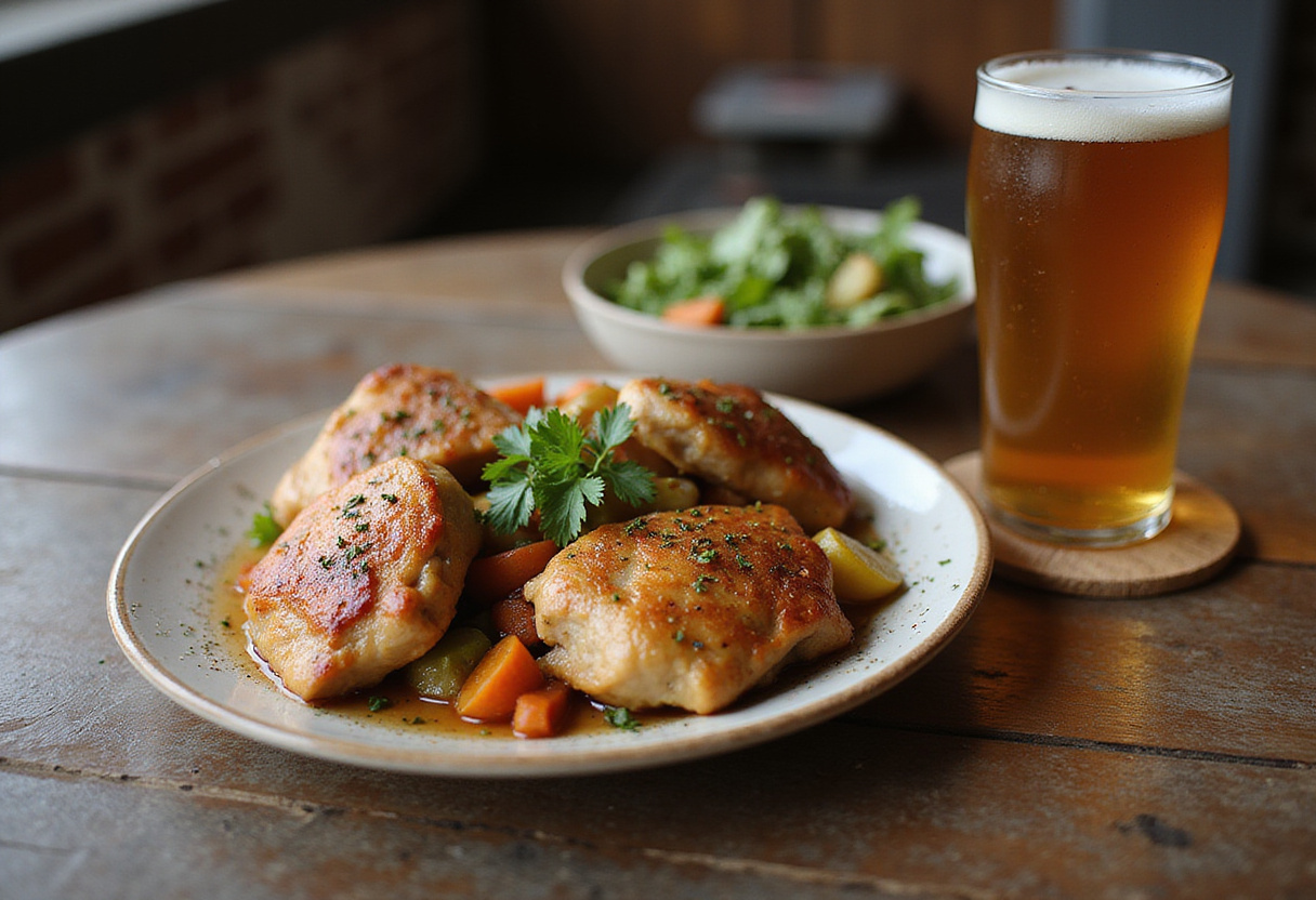 Muslos de pollo a la cerveza bien presentados, perfectos para una comida deliciosa.