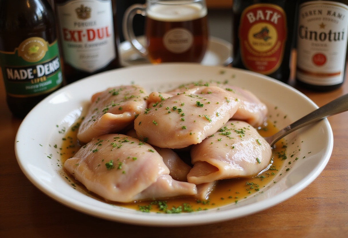 Muslos de pollo marinándose en ajo y hierbas para la receta de pollo a la cerveza.