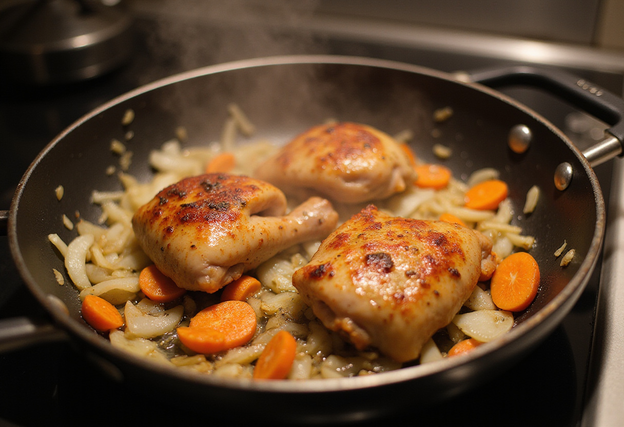 Pollo a la cerveza cocinándose en una olla con cebollas y zanahorias.