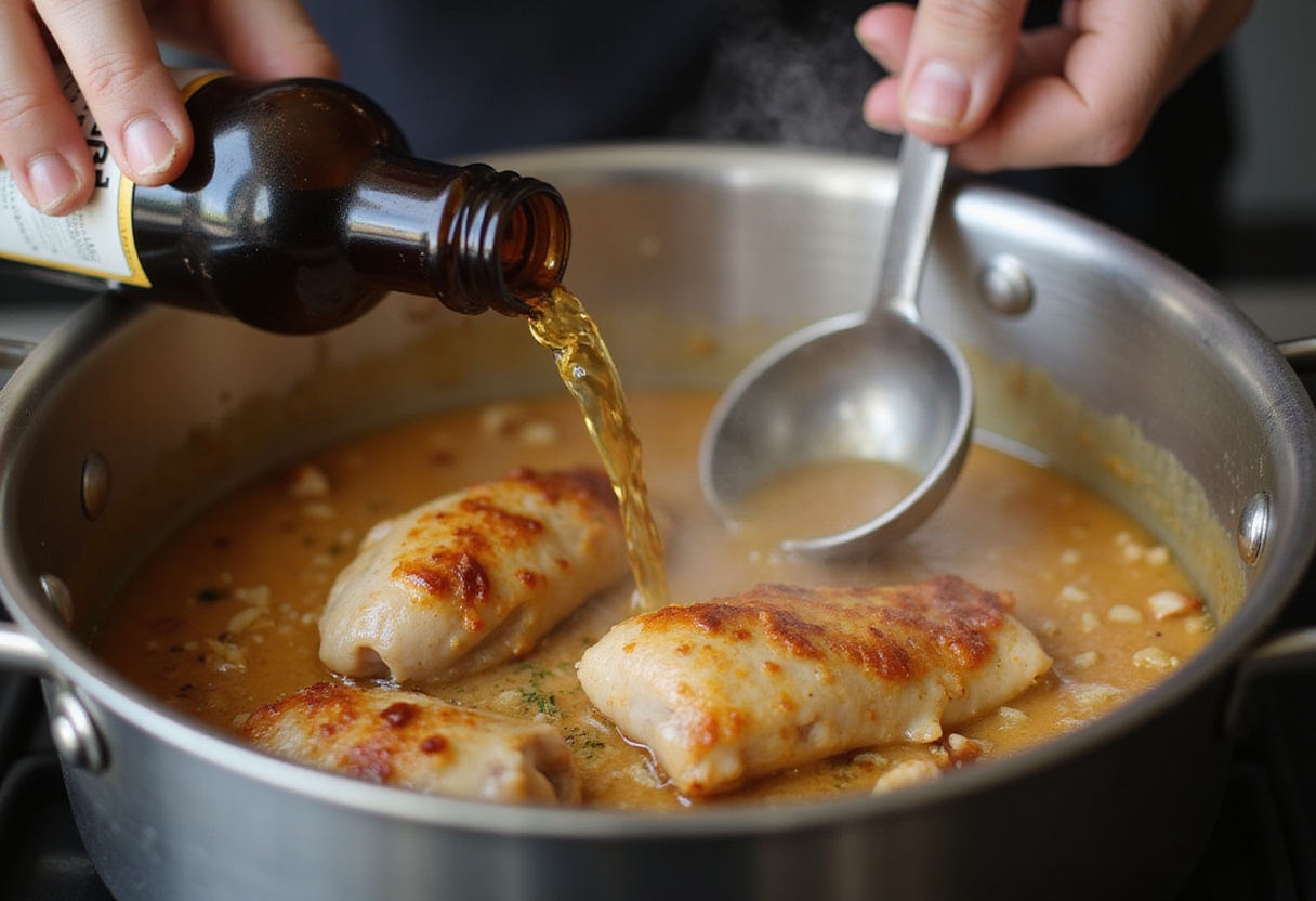 Cerveza siendo vertida sobre muslos de pollo en la olla para la receta de pollo al horno.