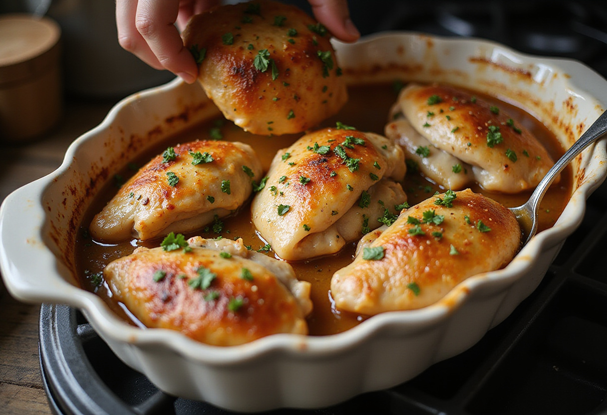 Muslos de pollo al horno listos para ser horneados en una fuente para el horno.
