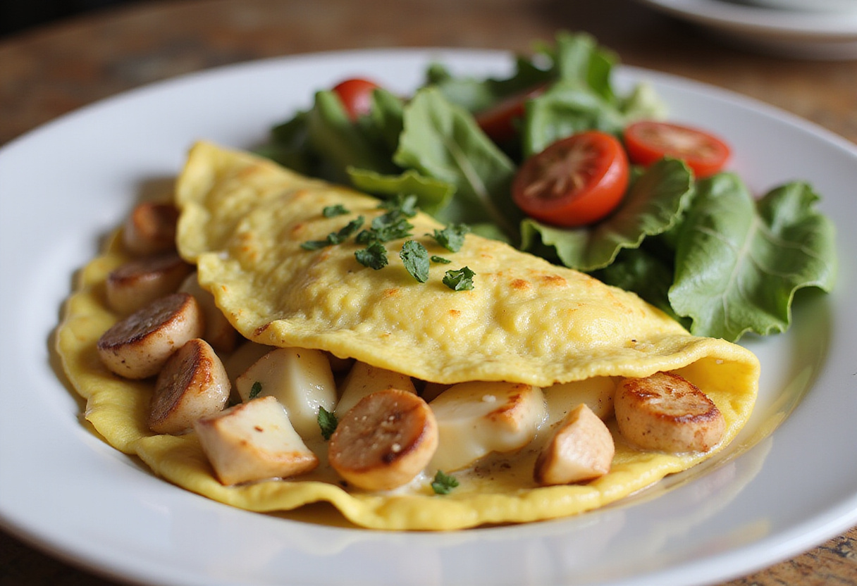 Delicious finished omelette ligero con champiñones y queso, ideal para desayuno saludable en 15 minutos.