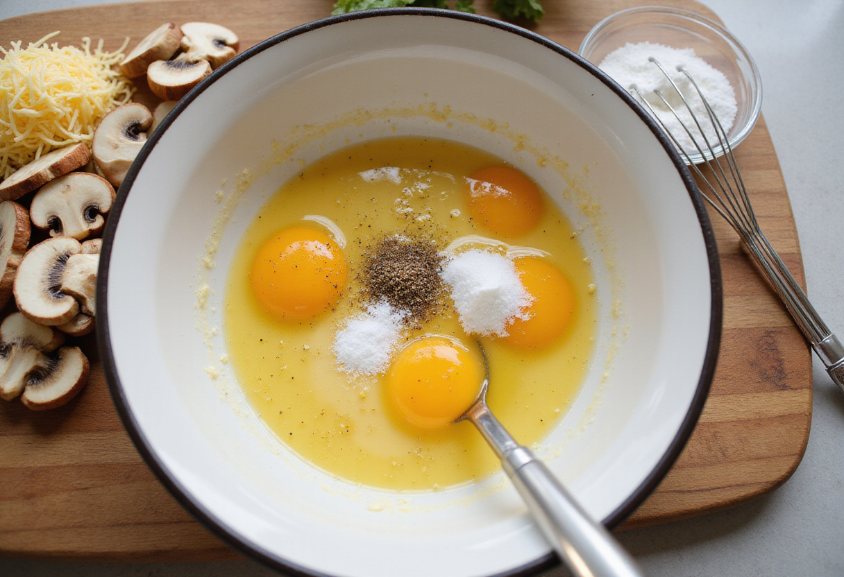 Ingredients for omelette ligero prepared, including whisked eggs, mushrooms, and cheese for receta de omelette.