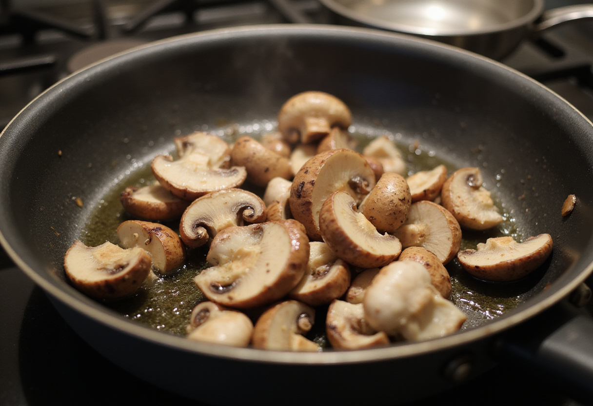 Mushrooms being cooked in a skillet for a healthy omelette de champiñones.