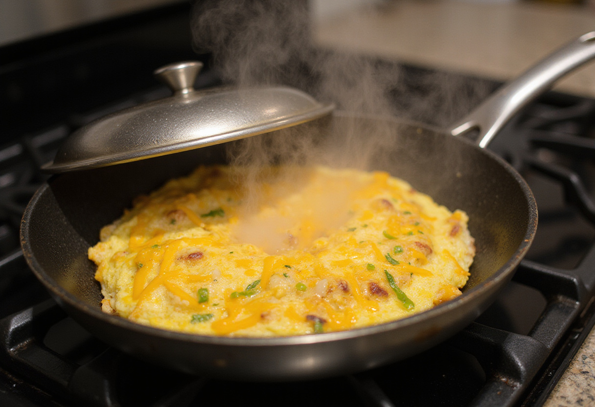 Cooking omelette ligero en la sartén, con queso derritiéndose y listo para servir rápidamente.