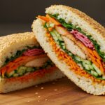Onigirazu terminado, un sándwich de sushi lleno de colores y sabores.