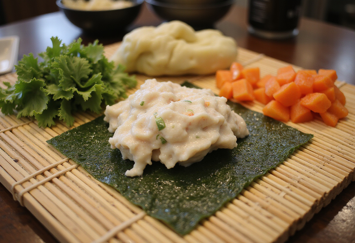 Ingredientes preparados en una esterilla de bambú para hacer Onigirazu, sándwich de sushi.