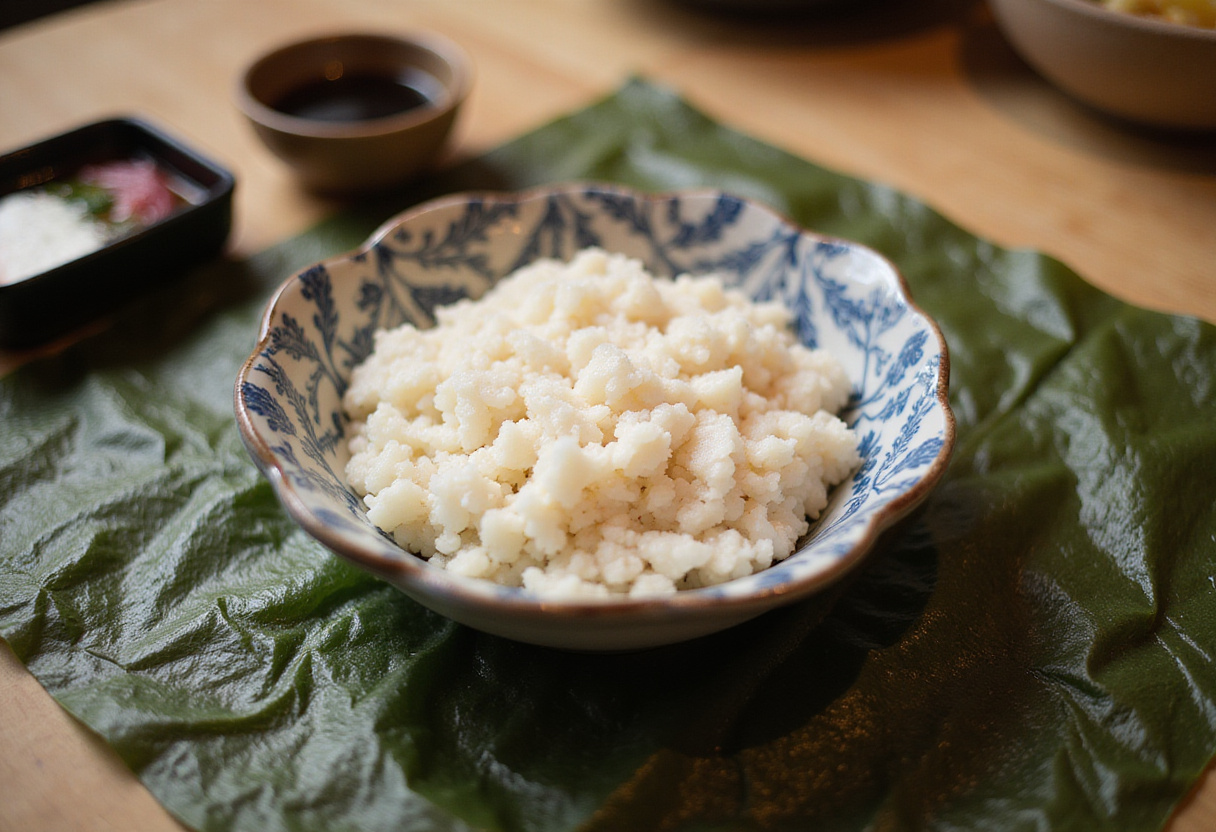 Arroz de sushi siendo extendido sobre alga nori para la receta de Onigirazu.