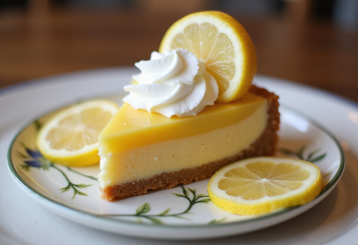 Delicious pay de limón dessert slice with fresh toppings, perfect for any occasion.