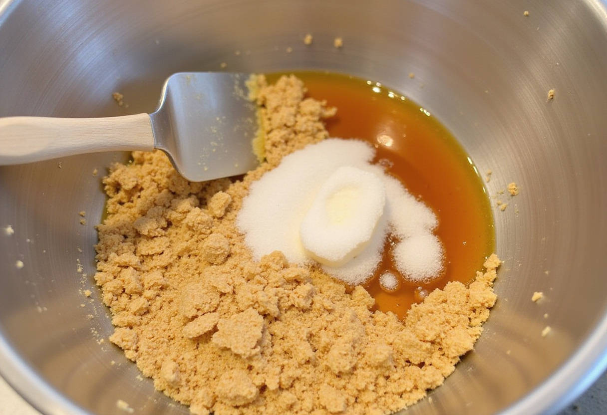 Graham crackers being mixed with butter and sugar for receta de pay de limón crust.