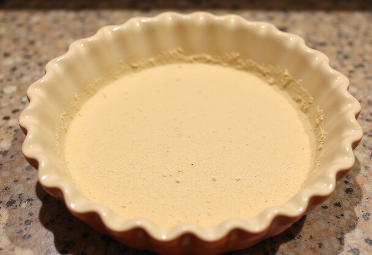 Pie crust formed with graham cracker mixture for pay dulce de limón recipe.