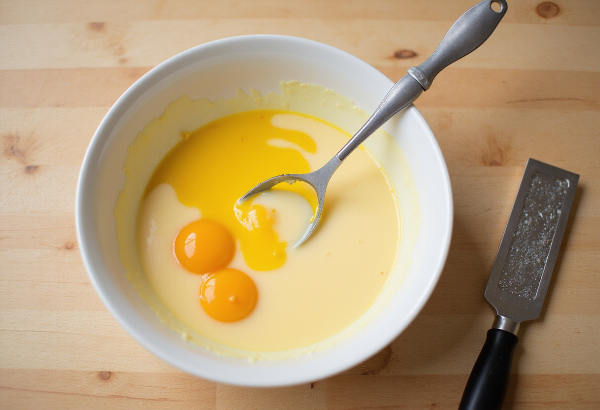 Lemon mixture being prepared for tarta de limón postre fácil recipe.