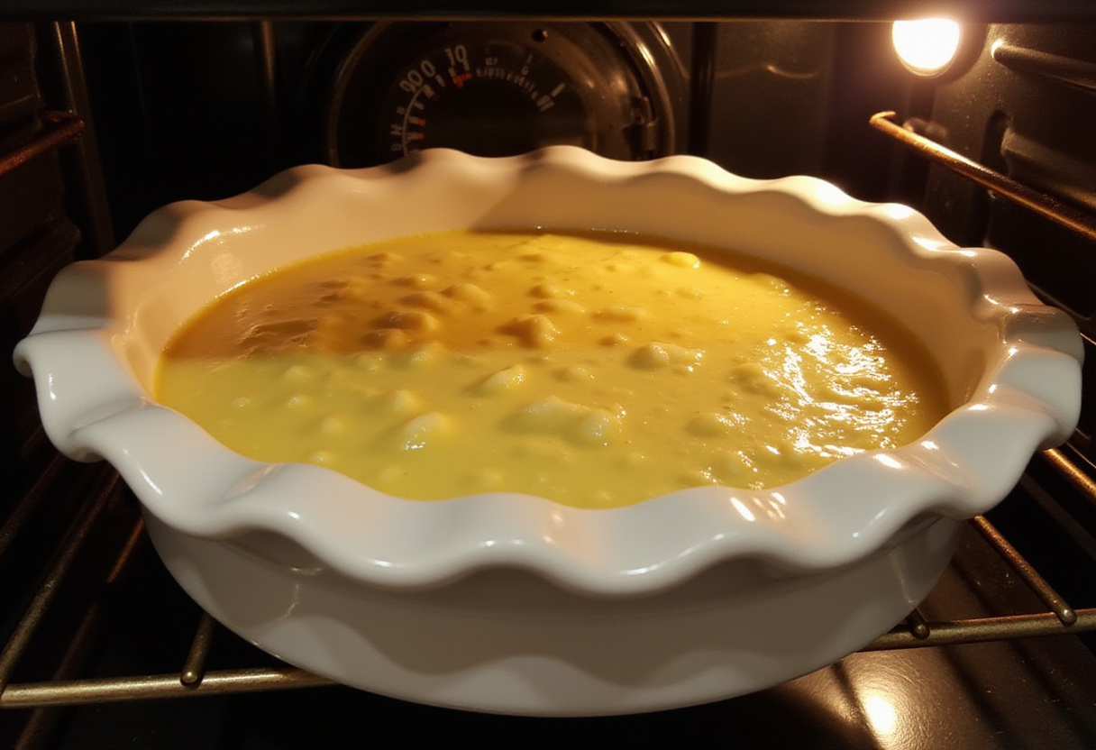 Lemon filling being baked in the oven for pay de limón preparation.