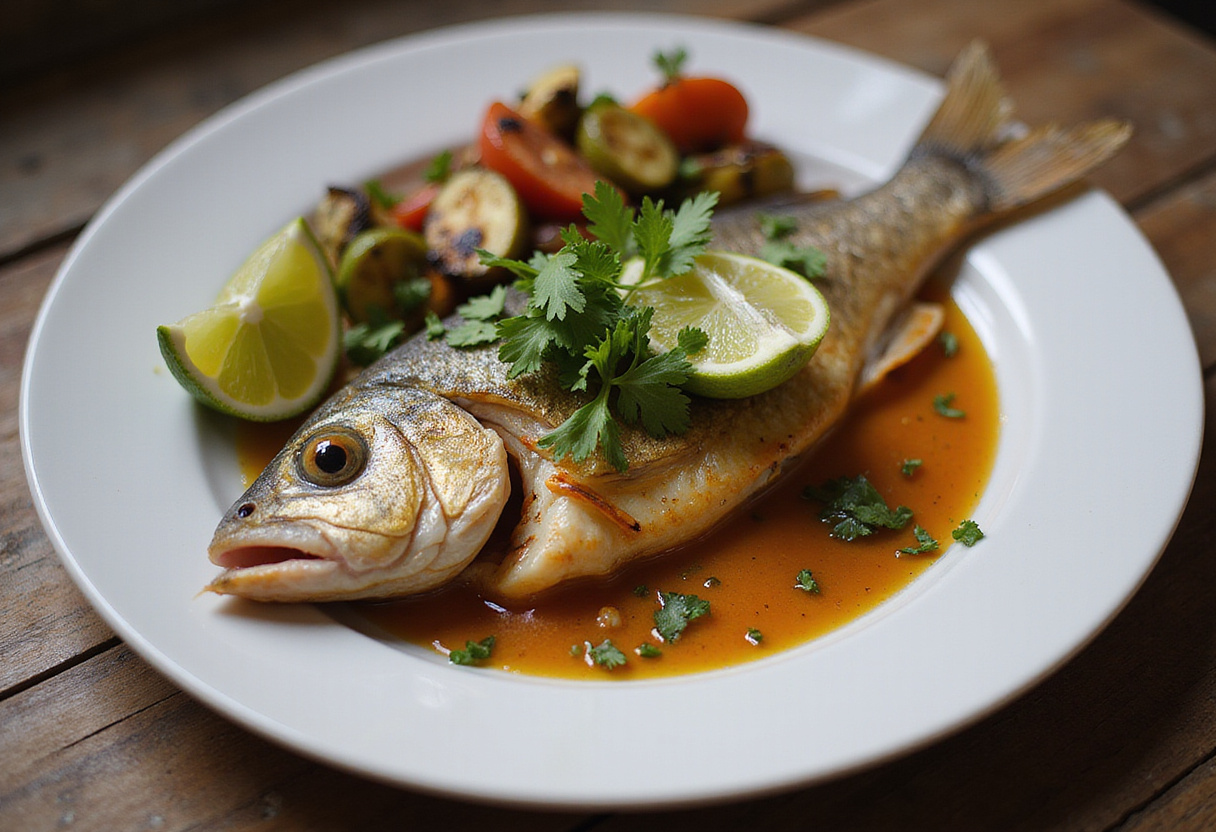 Pescado a la talla terminado, decorado con limones y cilantro, listo para disfrutar.