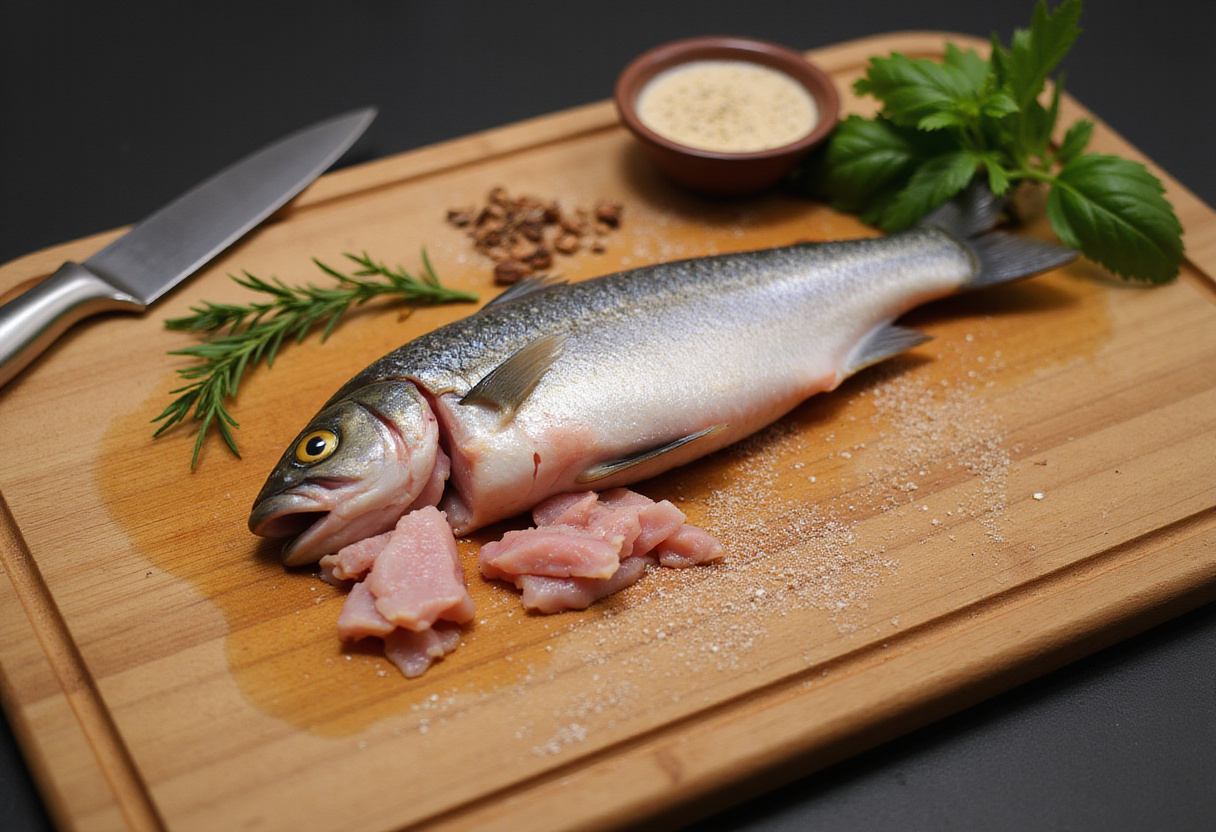 PreparaciĂłn de pescado a la talla con un pescado limpio y especias en la tabla de cortar.
