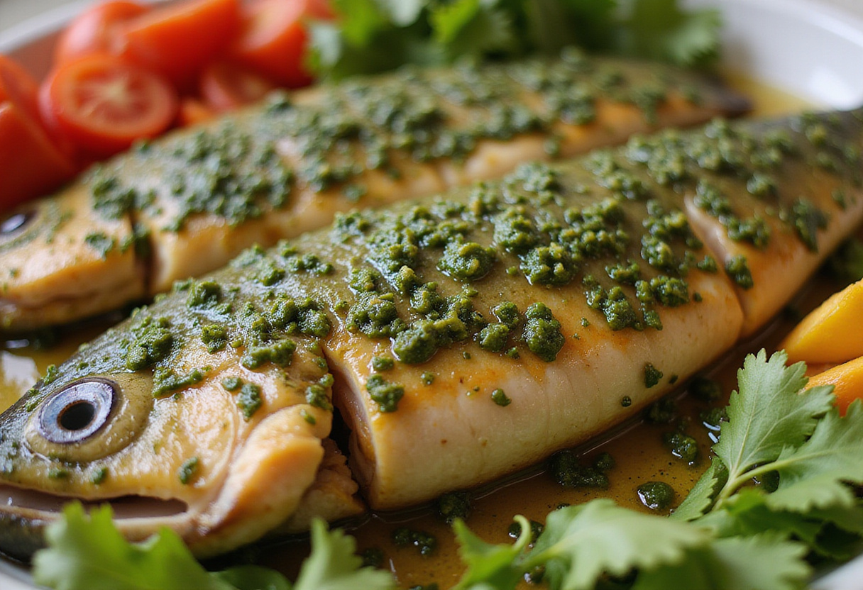 Pescado a la talla cubierto con un marinado verde, listo para ser cocinado a la parrilla.