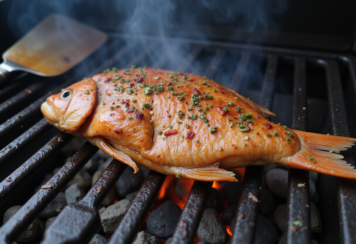 Pescado a la talla cocinándose a la parrilla, mostrando marcas de la parrilla y humo.