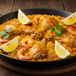 Paella rápida de pollo y gambas servida con limón, ideal para una cena familiar.