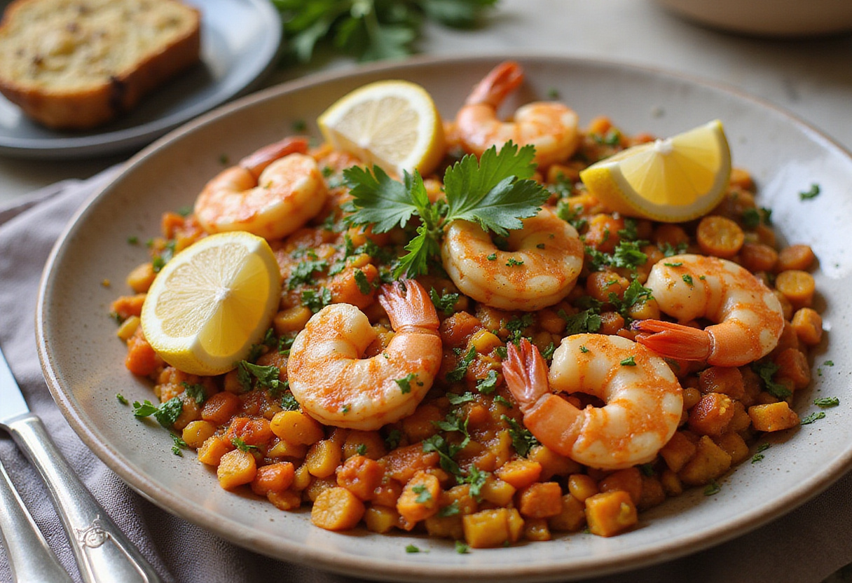 Paella rápida de pollo y gambas servida con limón, ideal para una cena familiar.