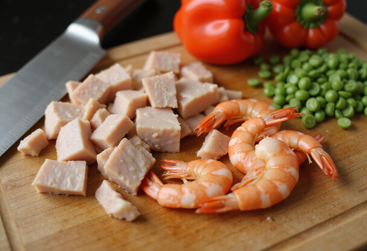 Preparación de pollo y gambas en una receta de paella rápida.