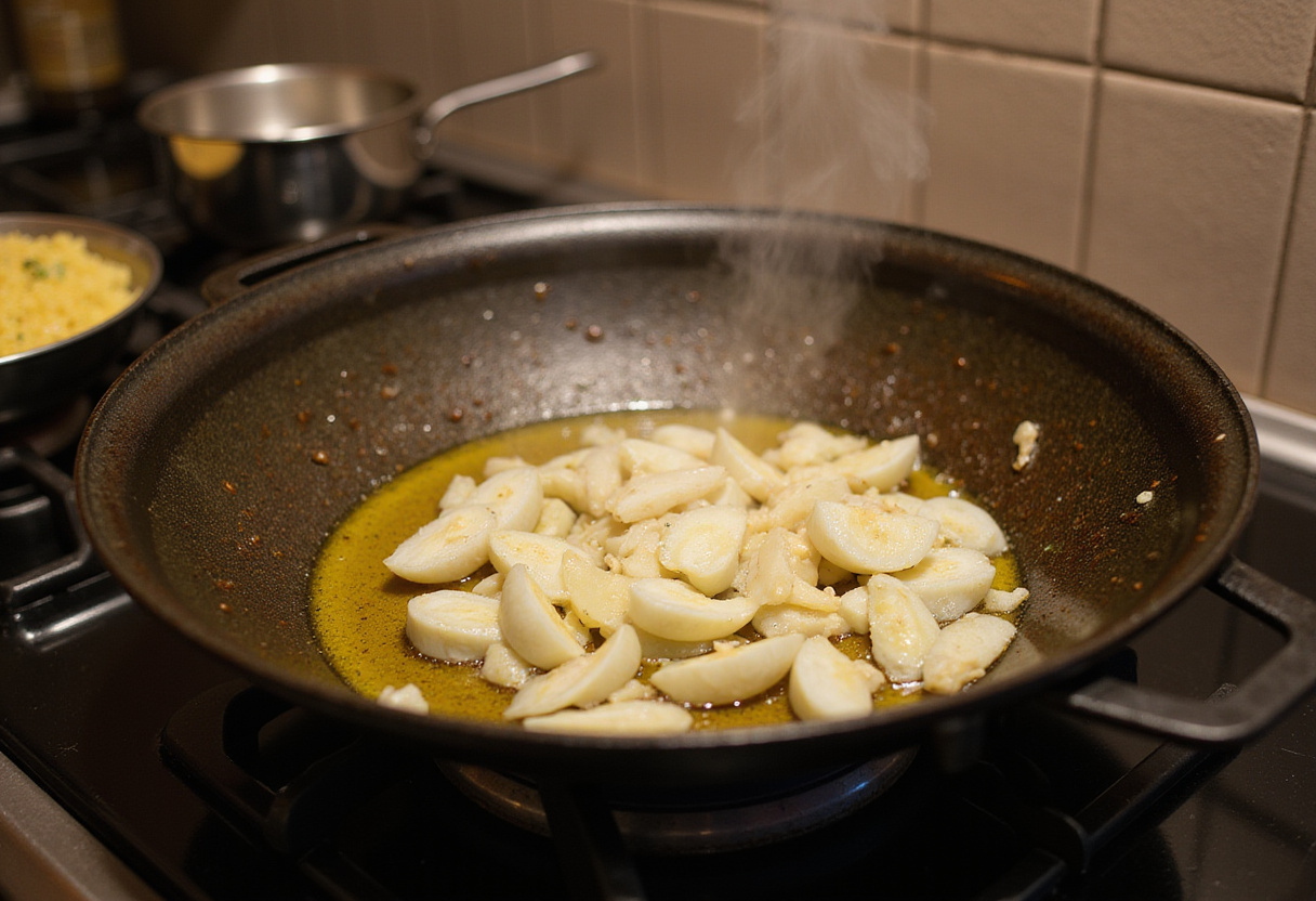 Cebolla dorándose en aceite para la receta de paella rápida de pollo y gambas.