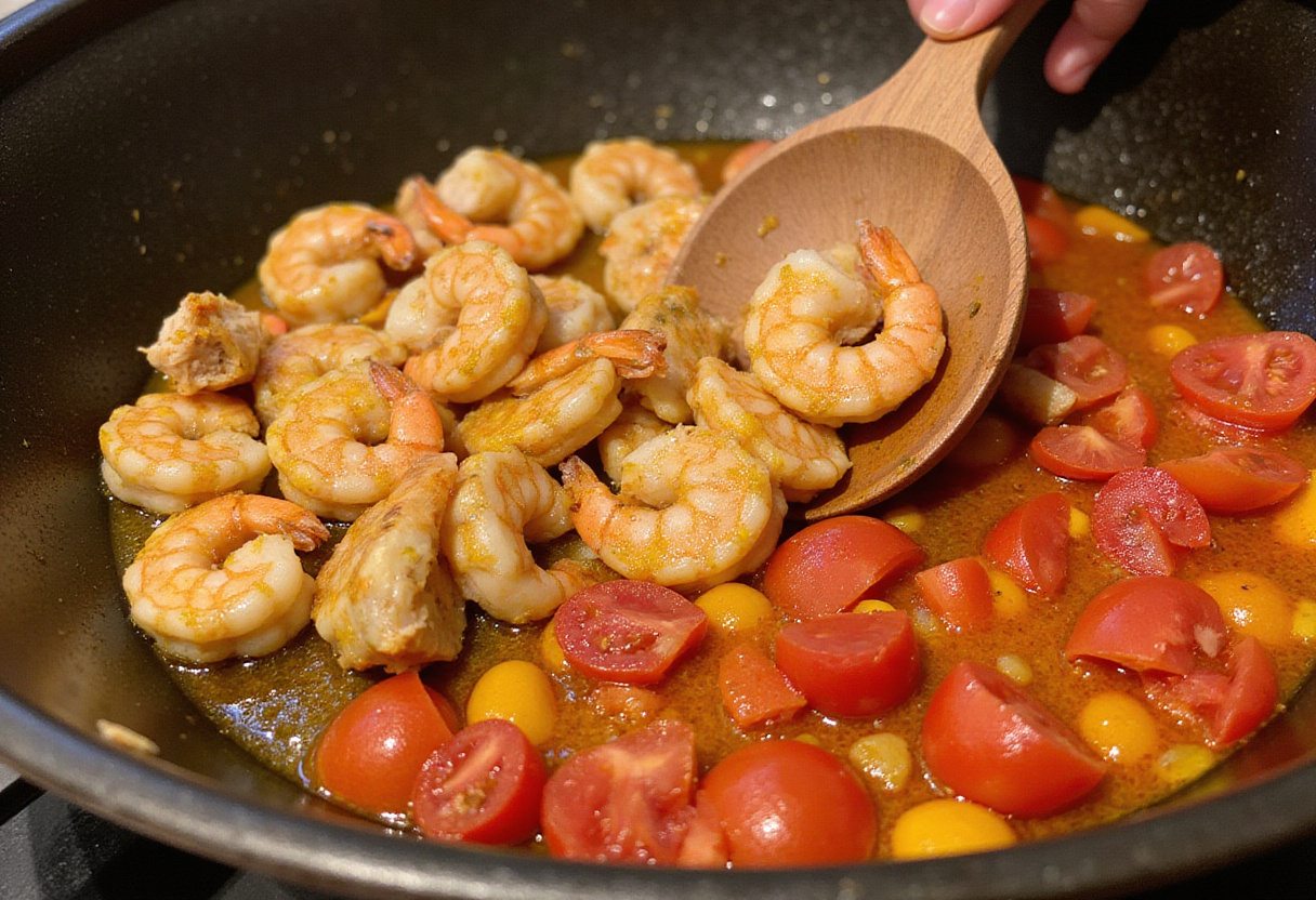 Pollo y gambas incorporados en la paella durante la receta de paella fácil.