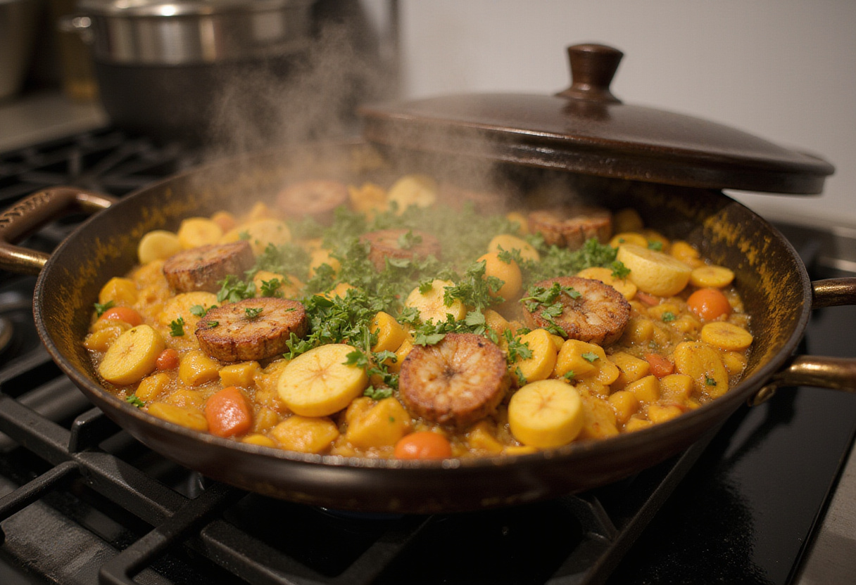 Paella de pollo y gambas cocinándose en la estufa en una receta de paella.