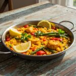 Delicious finished paella vegana served with lemon and parsley, perfect for showcasing a vegan feast.