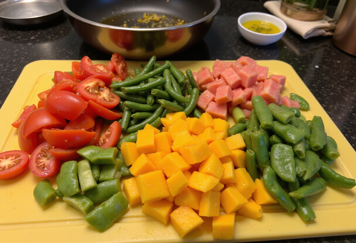 Colorful chopped vegetables for paella vegana on a cutting board, essential for receta de paella.