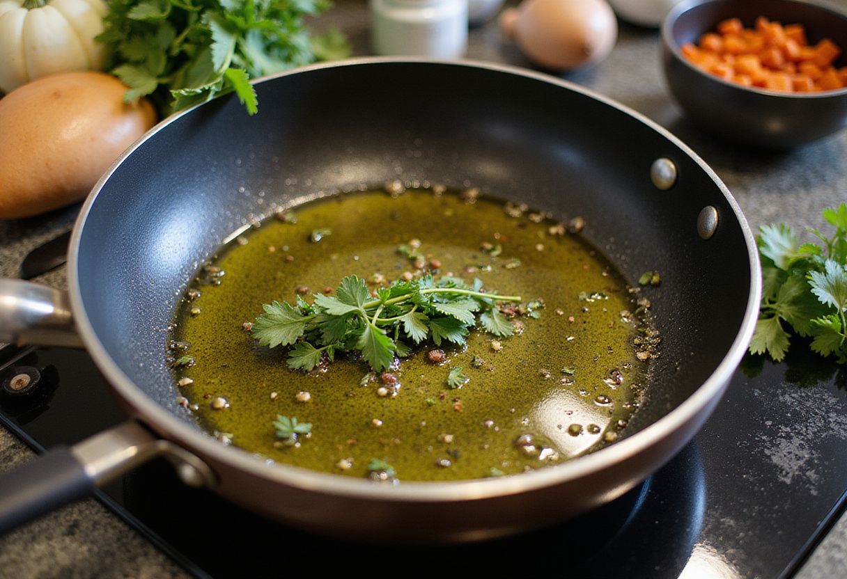 Olive oil heating in a pan for cooking paella de verduras, crucial in platos vegetarianos preparation.