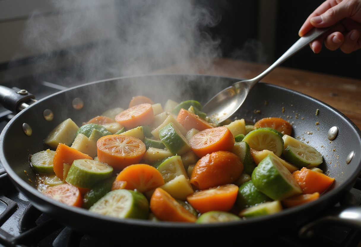 Sautéing vegetables for paella vegana, an important step in cocina vegana dishes.