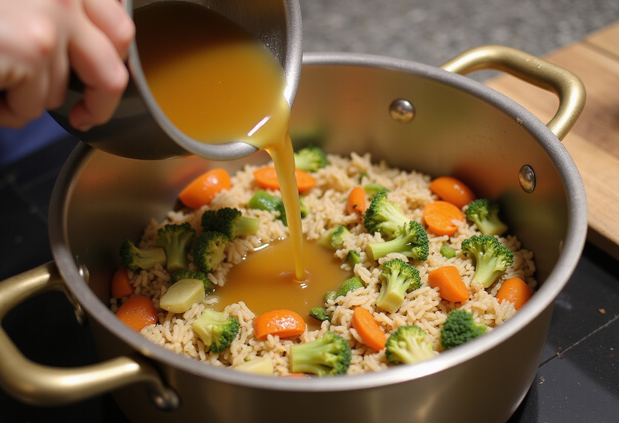 Pouring vegetable broth into the pan for vegan paella, a key step in the receta vegana de paella.