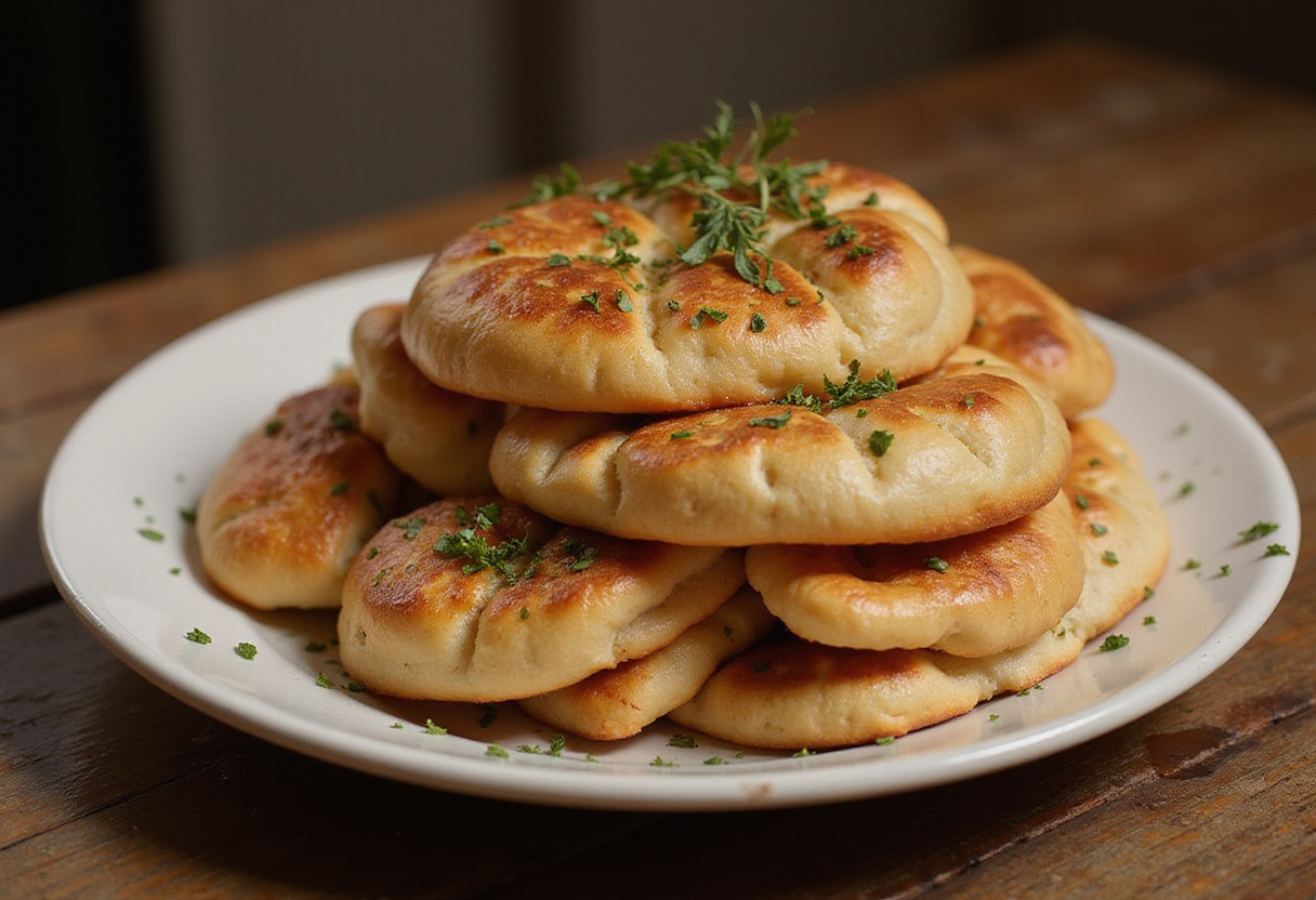 Finished Pan Turco en Sartén served with herbs, ideal for sharing.