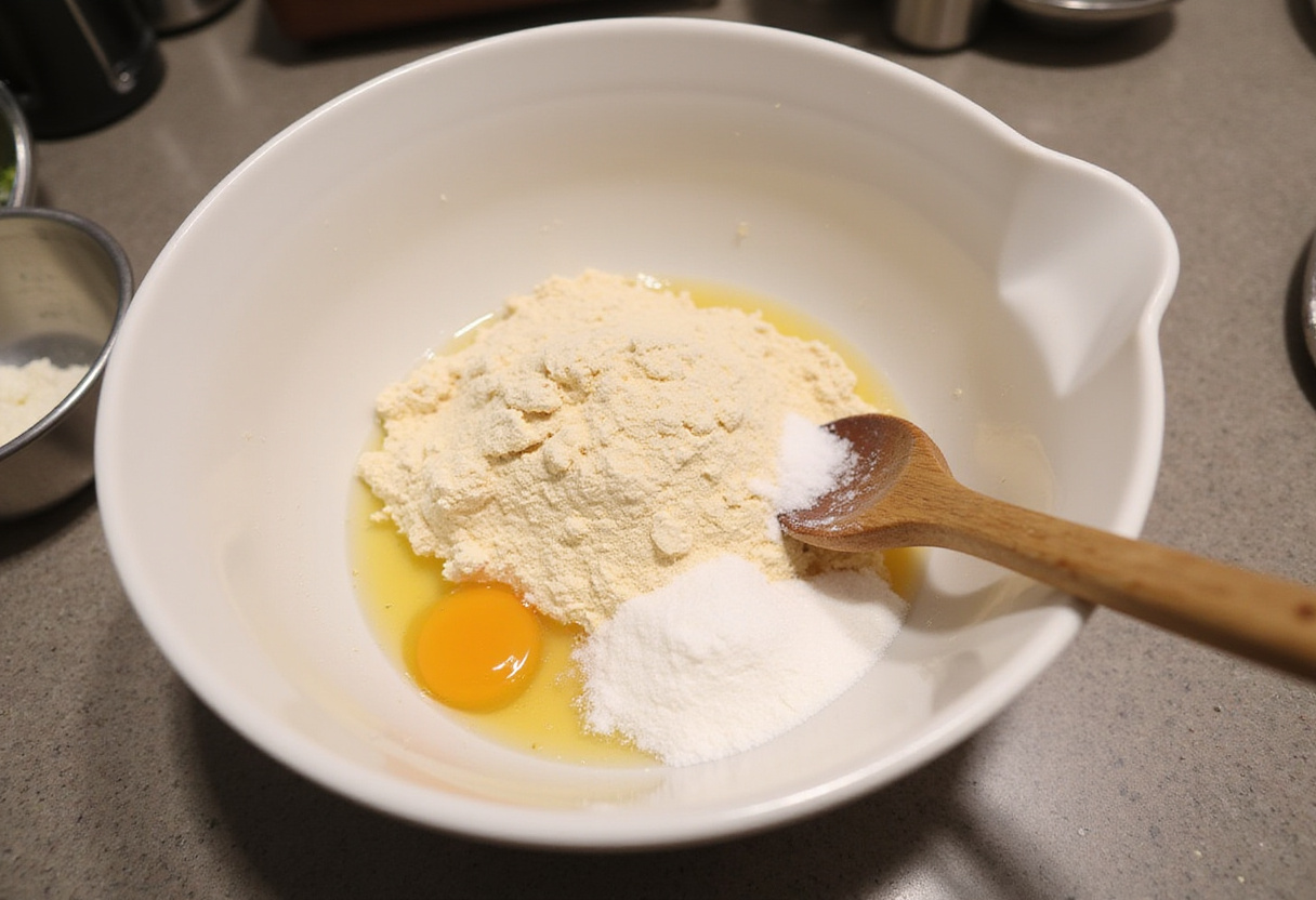 Measuring ingredients in a bowl for Pan Turco en Sartén preparation.
