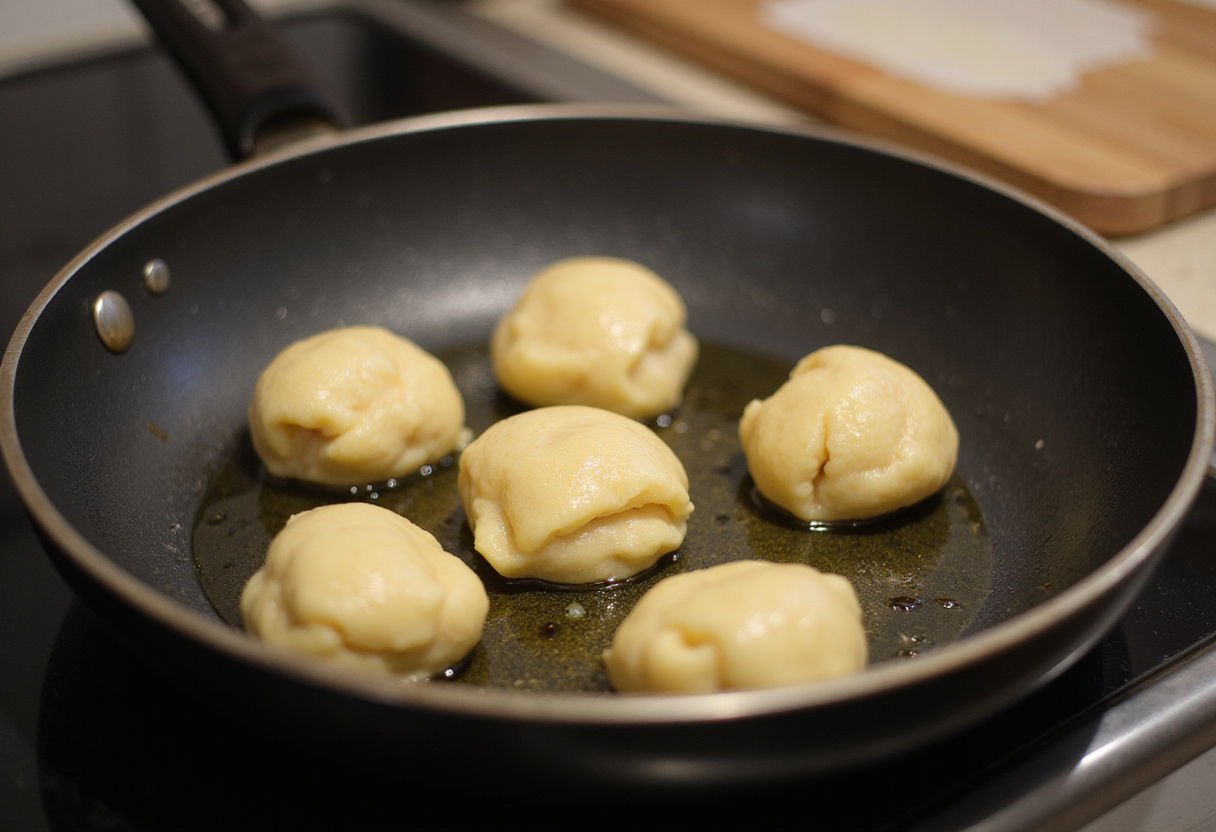 Forming dough balls and placing them in a frying pan for cooking Pan Turco en Sartén.