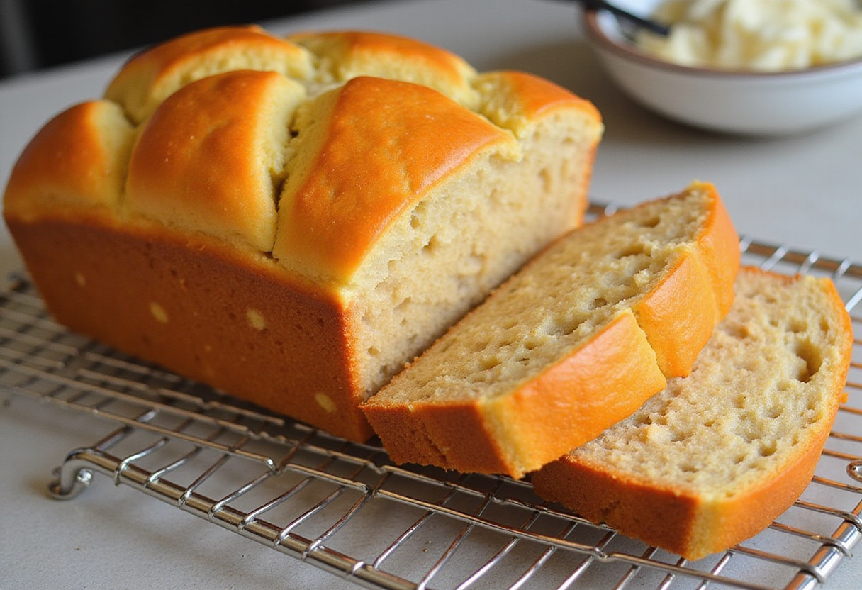 Finished Pan de Banana Sin Harina loaf on a wire rack, perfect for healthy snacking.