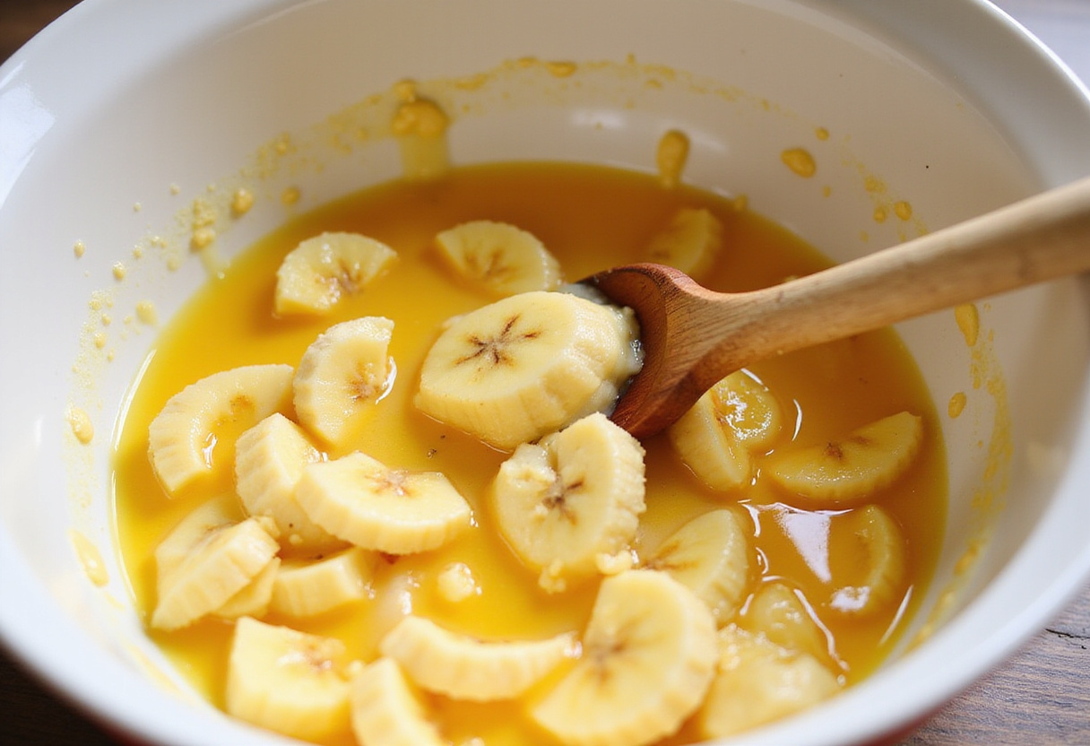 Mixing mashed bananas with eggs and vanilla for Pan de Banana Sin Harina recipe.
